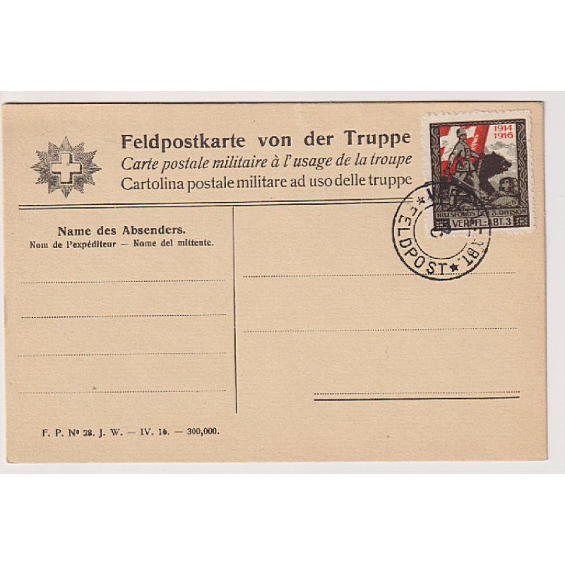 (RN1103) SWITZERLAND · 1916: Feldpostkarte with "Soldier Stamp" tied by a clear strike of the FELDPOST 3 canceller · VF condition