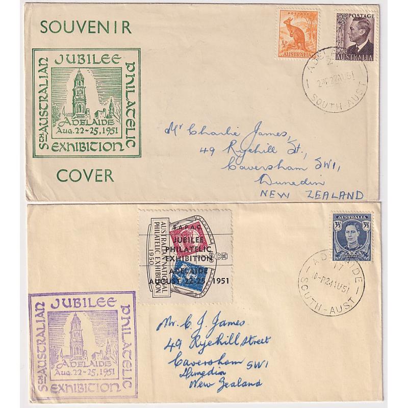 (RN1105) AUSTRALIA · 1951: two souvenir covers commemorating the South Australian Jubilee Philatelic Exhibition - printed and rubber stamp cachets, also overprinted poster stamp · both items in excellent condition (2)