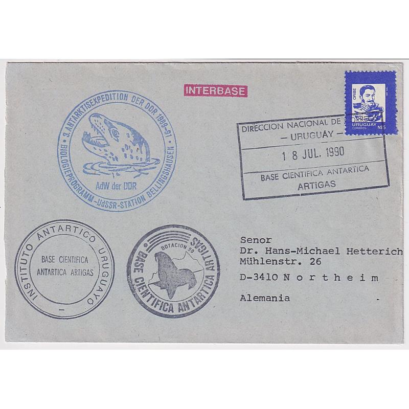 (RN1106) URUGUAY · GERMANY - DDR  1990 antarctic expedition cover with 3 cachets, one from the last undertaken by DDR · mailed from Uruguay's ARTIGAS Base · fine condition · $5 STARTER!!