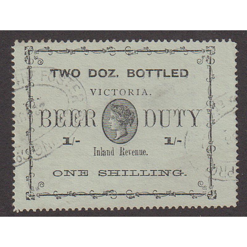 (RR1000) VICTORIA · 1892: finely used 1/- black/green BEER DUTY stamp for 2 dozen bottled beer (Craig 3.367) in fine condition ­· Elsmore online c.v. AU$120