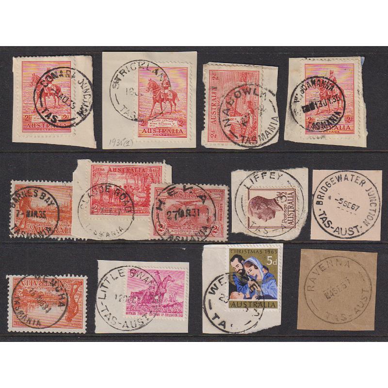 (RR1002) TASMANIA · 1931/67: a Baker's Dozen of selected postmarks on stamp and piece · includes better ..... STRICKLAND, HEKA, LITTLE SWANPORT, MENGHA, RAVENNA, WEEGENA, etc. (13)