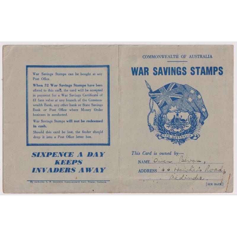 (RR1003L) AUSTRALIA · 1940s: WAR SAVINGS STAMPS card filled with 32x 6d stamps · any imperfections are quite minor (2 image)