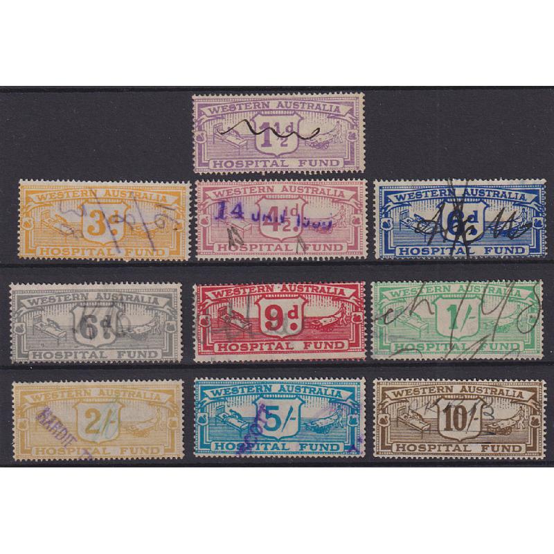 (RR1004) WESTERN AUSTRALIA · 1931/42: 10 different HOSPITAL FUND revenues to 10/- all in excellent to fine condition · total Elsmore online c.v. AU$200+ (10)