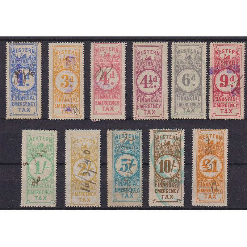 (RR1005) WESTERN AUSTRALIA · 1930s: 11 different used FINANCIAL EMERGENCY TAX revenues all in excellent to fine condition · total Elsmore online c.v. AU$195 for well-centred examples (11)