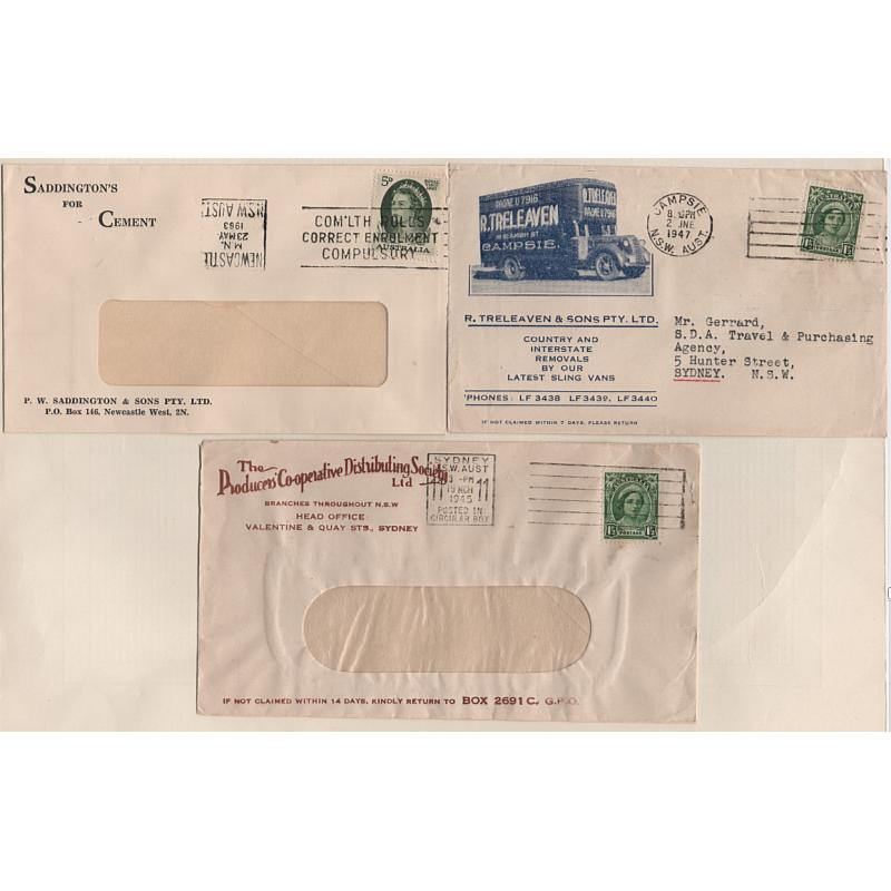 (RR1504) AUSTRALIA · 1945/63: three advertising covers · TRELEAVEN removalists · SADDINGTON'S CEMENT · PRODUCER'S CO-OPERATIVE DISTRIBUTING SOCIETY · excellent condition throughout (3)