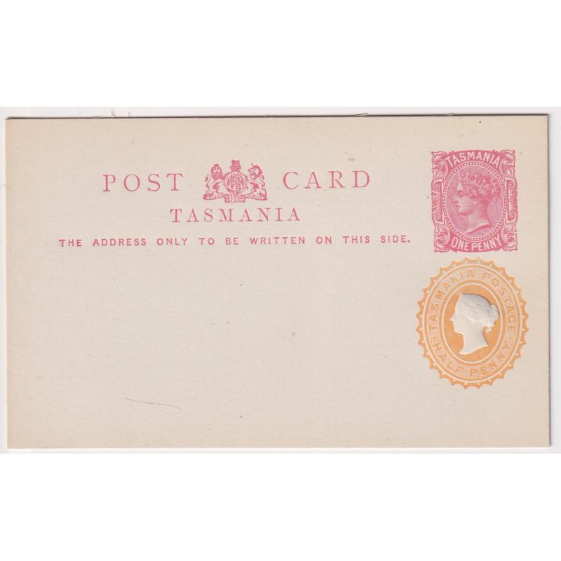 (RR1007) TASMANIA · 1890s: unused locally printed 1d QV postal card with stamped-to-order ½d yellow-orange indicium Groom & Shatten SO3.4 · rated S and in VF condition front & back