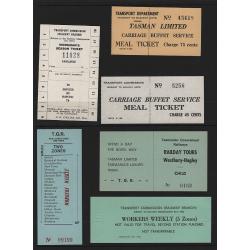 (RR1507L) TASMANIA · 1960s/70s: all diferent range of 11 unused TAS RAILWAYS tickets · includes "Tasman Limited" buffet, a Workman's Season/Weekly tickets, Excursion items, etc. · VF condition throughout (2 images)