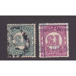 (RR1509) TASMANIA · 1906/1950: used £1 deep grey-green and £1 carmine-lake Numeral S/Duties Craig 7.85, 7.160 in excellent condition · total Elsmore online c.v. AU$65 (2 images)