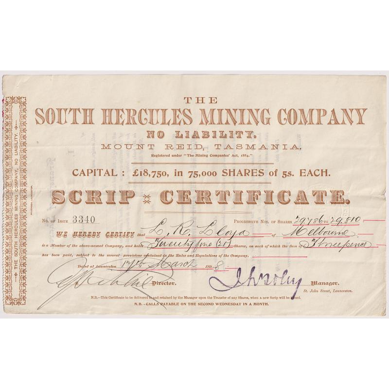 (SS1186L) TASMANIA ·  1897: SCRIP CERTIFICATE for 100 shares in THE SOUTH HERCULES MINING COMPANY N.L. at Mount Reid · folded for mailing and some minor peripheral wear o/wise in excellent condition