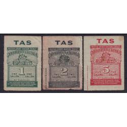 (SS1189) TASMANIA · 1949: One, Two and Five gallons MOTOR SPIRIT RATION TICKETS in a mixed condition · see both largest images · $5 STARTER!! (3)