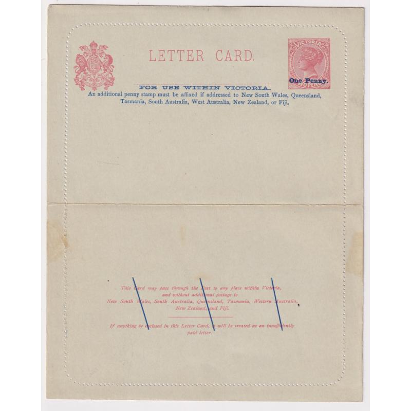 (SS1190) VICTORIA · 1911: mint ONE PENNY surcharged 2d rose QV Lettercard H&G B15 · some light marks on verso from previous mounting / excellent appearance from front