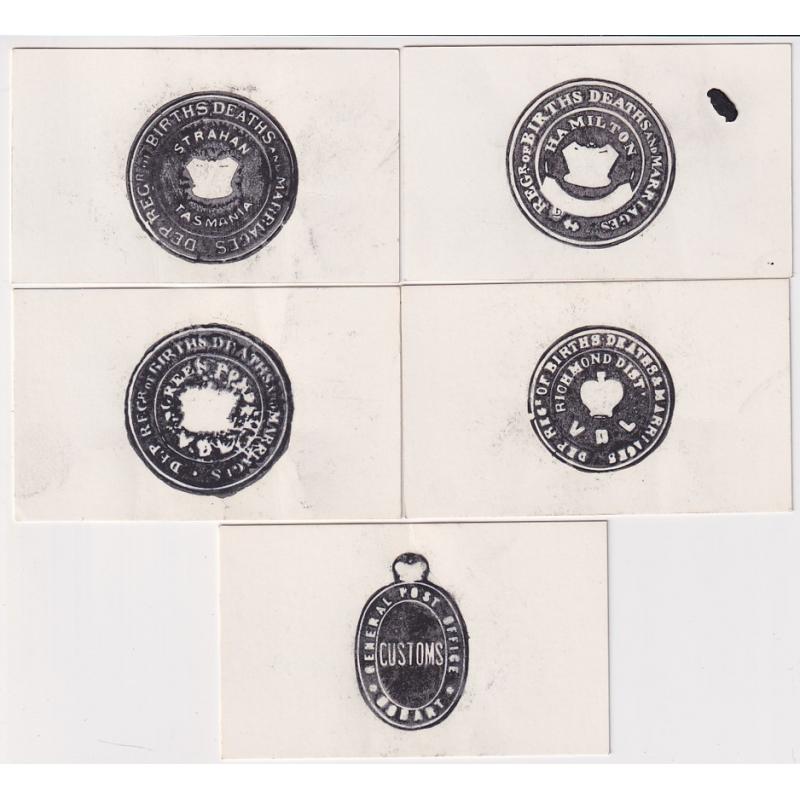 (SS1195) TASMANIA ·  1960s: five different "posthumous impressions" of Crown Seal son thin card produced for government department use · includes REGr BIRTHS DEATHS and MARRIAGES STRAHAN and CUSTOMS GENERAL POST OFFICE HOBART (5)