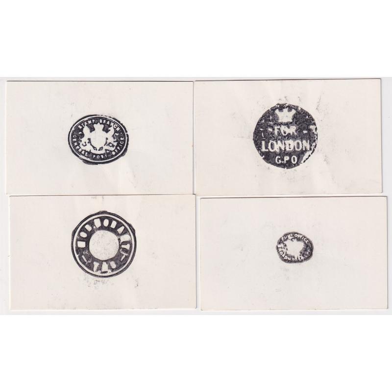 (SS1196) TASMANIA ·  1960s: four different "posthumous impressions" of Crown and Mail Bag seals on thin card including STAMP BRANCH GENERAL POST OFFICE and FOR LONDON G.P.O. · see full description (4)