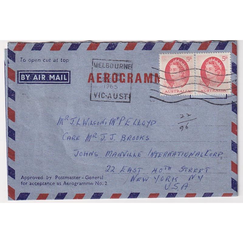 (SS1197) AUSTRALIA · 1965: used private aerogramme (PMG Approvla No.2) with Eliza Tinsley letterhead · mailed to USA with 10d definitive franking · some "calculations" written on back panel o/wise in nice condition (2 images)