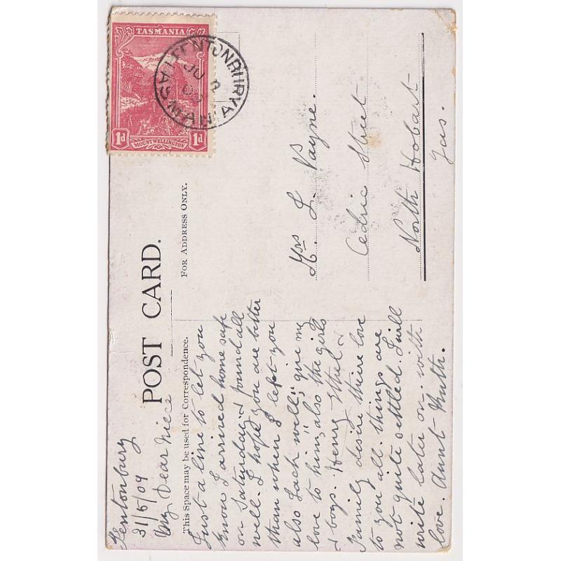 (SS1202) TASMANIA ·  1909: a full clear strike of the FENTONBURY Type 1 cds tying a 1d Pictorial to a postcard · postmark is rated R-(7*)