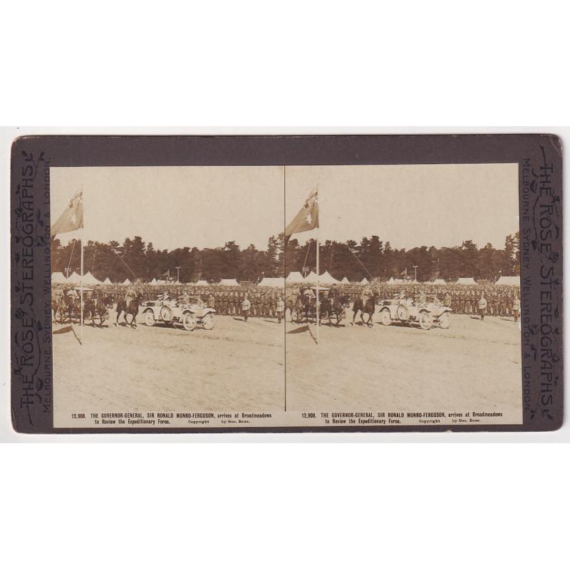 (SS1203) VICTORIA · c.1914: stereoscopic view card by Rose w/view THE GOVERNOR GENERAL SIR RONALD MUNRO-FERGUSON ARRIVES AT BROADMEADOWS TO REVIEW THE EXPEDITIONARY FORCE · fine condition