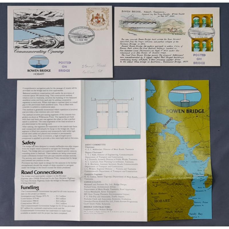 (SS1207) TASMANIA ·  1984: 2 different souvenir envelopes 'POSTED ON BRIDGE' on the day of opening of the BOWEN BRIDGE at Hobart · also official brochure · 3 items in F to VF condition