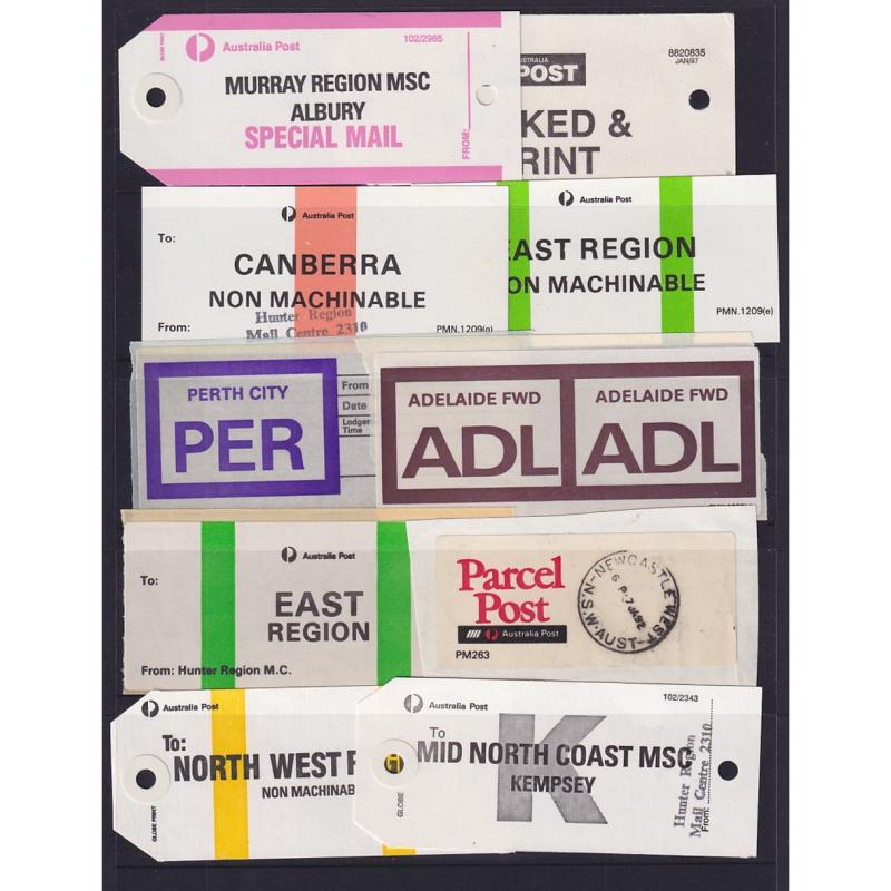 (SS1210L) AUSTRALIA · 1980s to recent: 4 s/sheets housing an assembly of mostly Australia Post mail bag tags · fine condition throughout · see largest images (4 images)