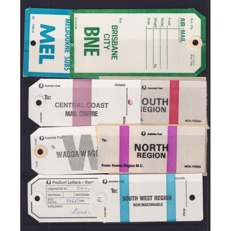 (SS1210L) AUSTRALIA · 1980s to recent: 4 s/sheets housing an assembly of mostly Australia Post mail bag tags · fine condition throughout · see largest images (4 images)