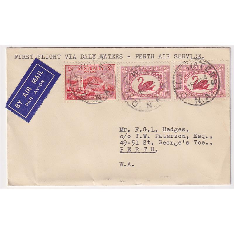 (SS1212) AUSTRALIA · 1934: neat clean cover carried on return air mail flight from DALY WATERS to PERTH by MacRobertson Miller Aviation AAMC #429 · c.v. AU$125 · arrival b/stamp