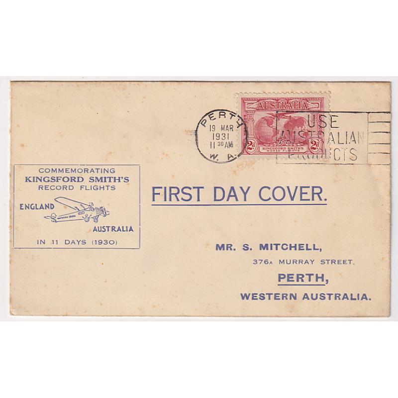 (SS1215) AUSTRALIA · 1931 (March 19th): cacheted FDC by Mitchell for the K/Smith commem issue · single 2d value franking · some light foxing · see largest image