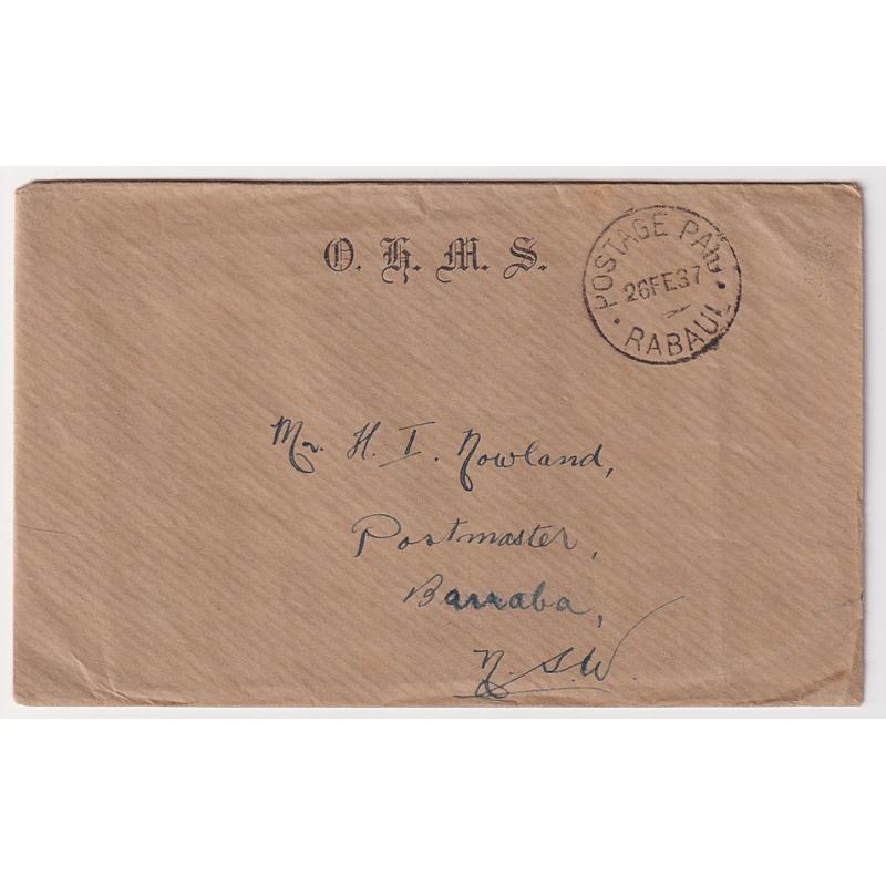 (SS1216) NEW GUINEA · 1937: neat OHMS envelope to NSW with a full clear strike of the POSTAGE PAID RABAUL cds · nice condition