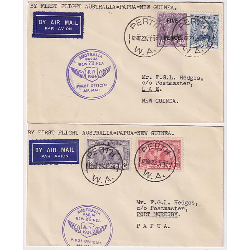 (SS1218) AUSTRALIA · 1934: cacheted souvenir covers carried on 1st Air Mail Flight by Ulm et al to Papua and New Guinea respectively AAMC #390,391 · both items in very nice condition · arrival b/stamps · total c.v. AU$80 (2)