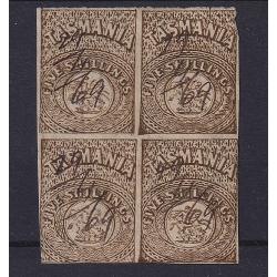 (SS1220) TASMANIA ·  1869: used block of 4x imperf 5/-brown St George & Dragon revenues Craig 7.5 · a couple of minor imperfections so please view both largest images · total c.v. AU$140