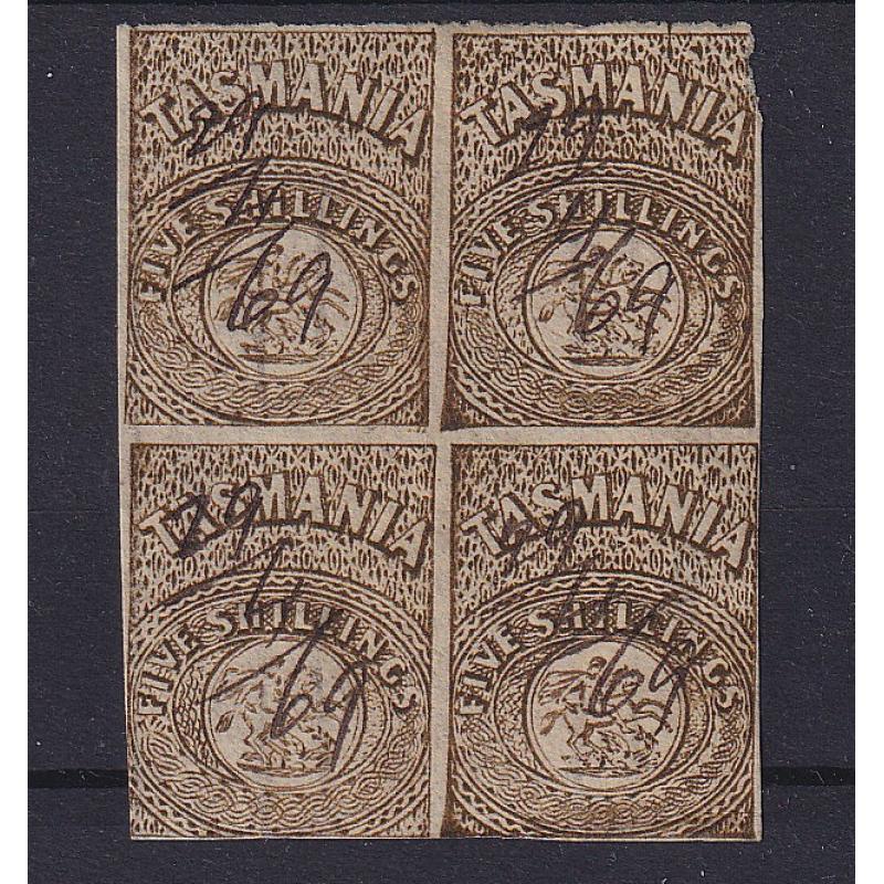 (SS1220) TASMANIA ·  1869: used block of 4x imperf 5/-brown St George & Dragon revenues Craig 7.5 · a couple of minor imperfections so please view both largest images · total c.v. AU$140