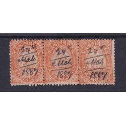 (SS1221) TASMANIA ·  1887: strip of 3x 10/- orange St George & Dragon revenues perf.12 Craig 7.10b · tiny ink spot on back of central unit o/wise in fine condition · lovely colour and cleanly cut perfs (2 images)