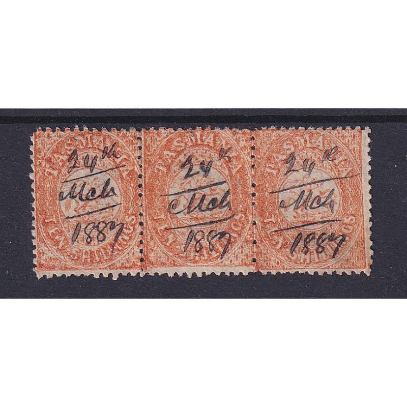 (SS1221) TASMANIA ·  1887: strip of 3x 10/- orange St George & Dragon revenues perf.12 Craig 7.10b · tiny ink spot on back of central unit o/wise in fine condition · lovely colour and cleanly cut perfs (2 images)