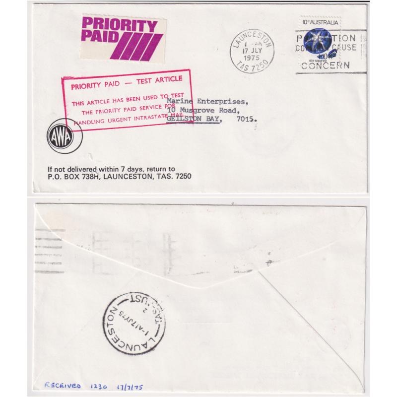 (SS1226) AUSTRALIA · 1975: small commercial cover h/stamped PRIORITY PAID · TEST ARTICLE in red · endorsement on verso indicates that the item was received on the same day as processed at the Launceston Mail Exchange · fine condition