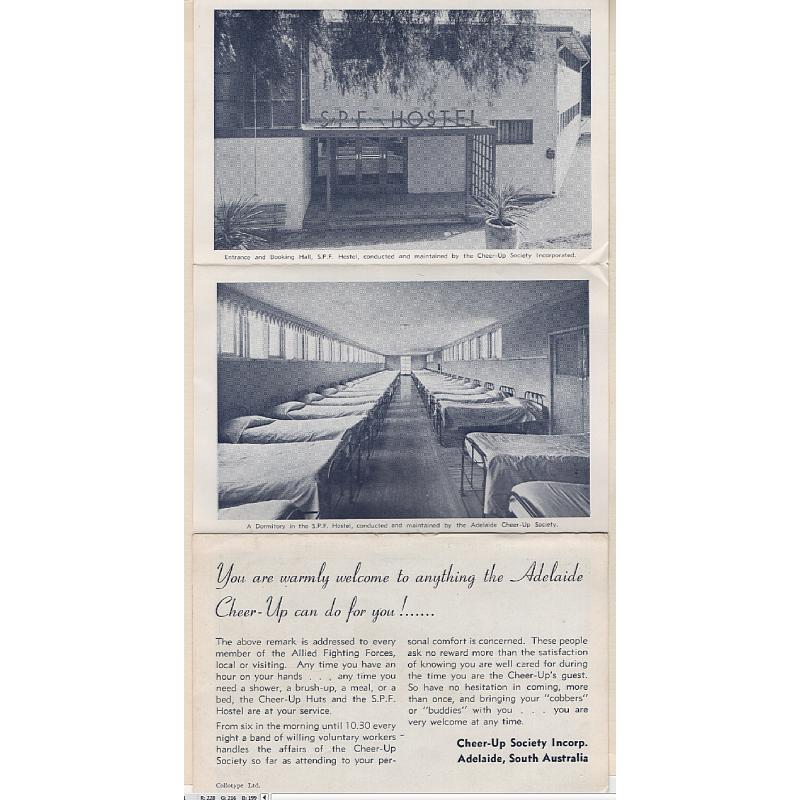 (SS15138) SOUTH AUSTRALIA · 1940s: folded 5 panel brochure advertising the delights of the SPF Hostel and Cheep-Up Huts No.1 & 2 at Adelaide · includes 6 photos of the facilities available to servicemen · excellent condition (2 sample images)