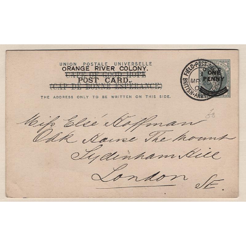 (SS15147) CAPE OF GOOD HOPE · 1901: Anglo-Boer War era use of surcharged ONE PENNY QV postal card · mailed to London with a clear strike of the FIELD-POST-OFFICE / BRITISH ARMY S.AFRICA · fine condition