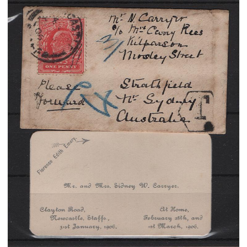 (SS15158) AUSTRALIA · 1906: tiny unuserlaid envelope (85x51mm) mailed with an "At Home" card to Sydney · some soiling and with foxing on the back but interesting and quite presentable - I wonder if the invitees attended?!