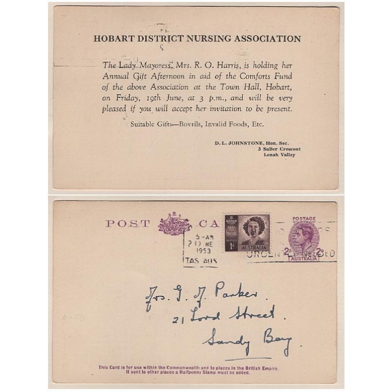 (SS15159) TASMANIA · AUSTRALIA · 1953: uprated 2d KGVI postal card privately optd as an advice card by the Hobart District Nursing Association · fine condition