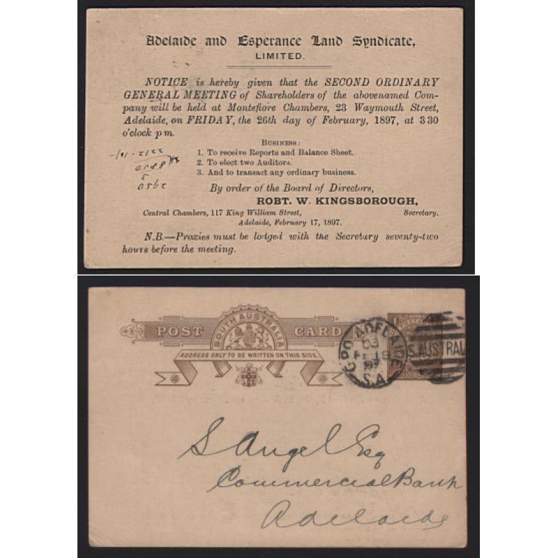 (SS15160) SOUTH AUSTRALIA · 1897: used 1d QV postal card privately overprinted with a Meeting Notice by the Adelaide and Esperance Land Syndicate · excellent condition