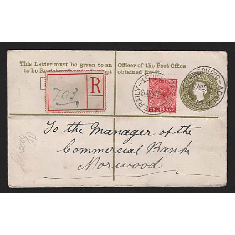 (SS15161) SOUTH AUSTRALIA · 1913: commercially used 3d olive-green on white QV registration envelope uprated 1d H&G C1 mailed from Adelaide Railway with large provisional reg label · flap has been removed o/wise in excellent condition