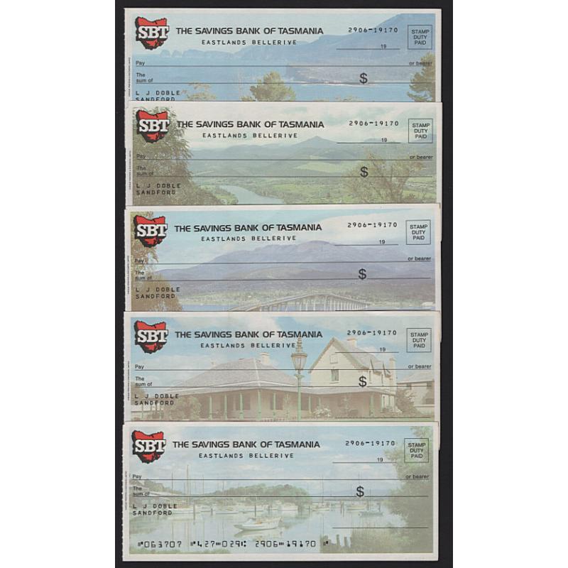 (SS15166) TASMANIA · 1980s: 5 unused Savings Bank of Tasmania "Stamp Duty Paid" colour illustrated cheques with Tasmanian views ..... all in VF condition (5)