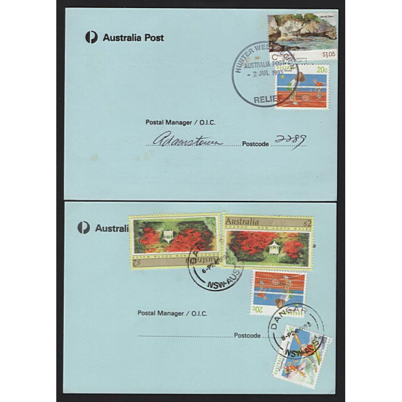 (SS15171) AUSTRALIA · 1992/93: 3 used "Postage Due" cards (PM200) with deficient postage paid using stamps (3) or a postage meter impression (1) · all items are in excellent to fine condition (2 images)