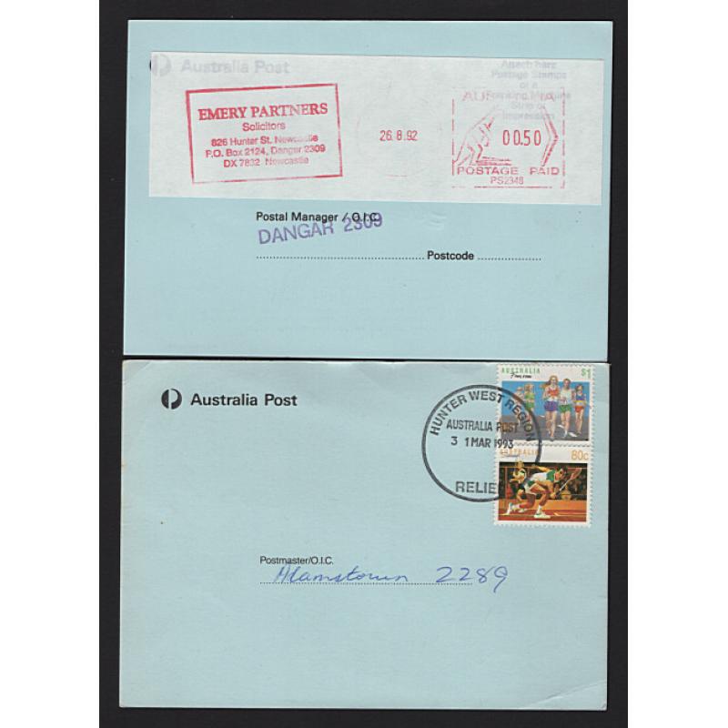 (SS15171) AUSTRALIA · 1992/93: 3 used "Postage Due" cards (PM200) with deficient postage paid using stamps (3) or a postage meter impression (1) · all items are in excellent to fine condition (2 images)