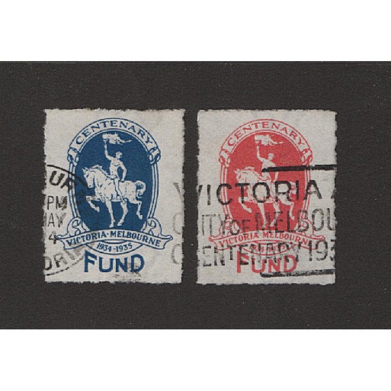 (SS15173) VICTORIA · 1934: blue and red versions of the CENTENARY FUND poster stamp · both have been used "on the mail"