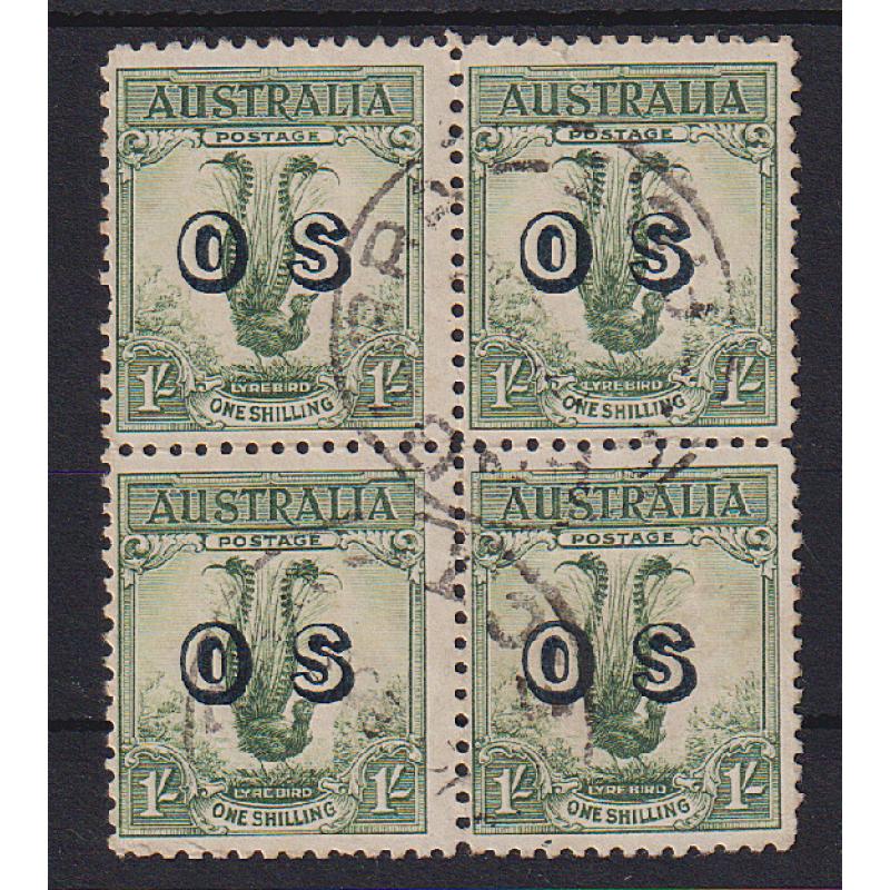 (ST1005) AUSTRALIA · 1932: lightly used block of 4x 1/- green Lyrebird optd OS SG O136 · excellent to fine condition front and reverse · total c.v. £120 (4)