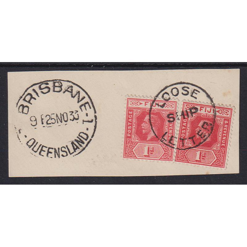 (ST1012) QUEENSLAND · 1933: neat envelope clipping postmarked at BRISBANE with 2d 1d red KGV franking tied by a full clear impression of a circular LOOSE SHIP LETTER h/stamp · fine condition