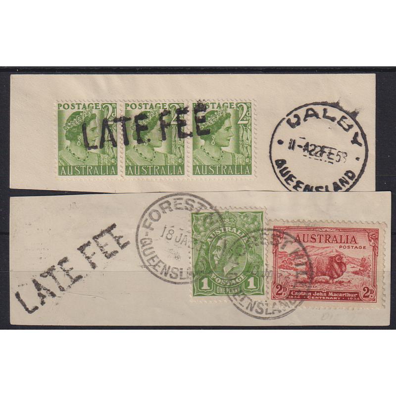 (ST1013) AUSTRALIA · 1935/53: two neat clippings from envelopes mailed at Dalby and Forest Hill both clearly postmarks and with a clear LATE FEE h/stamp impression (2)