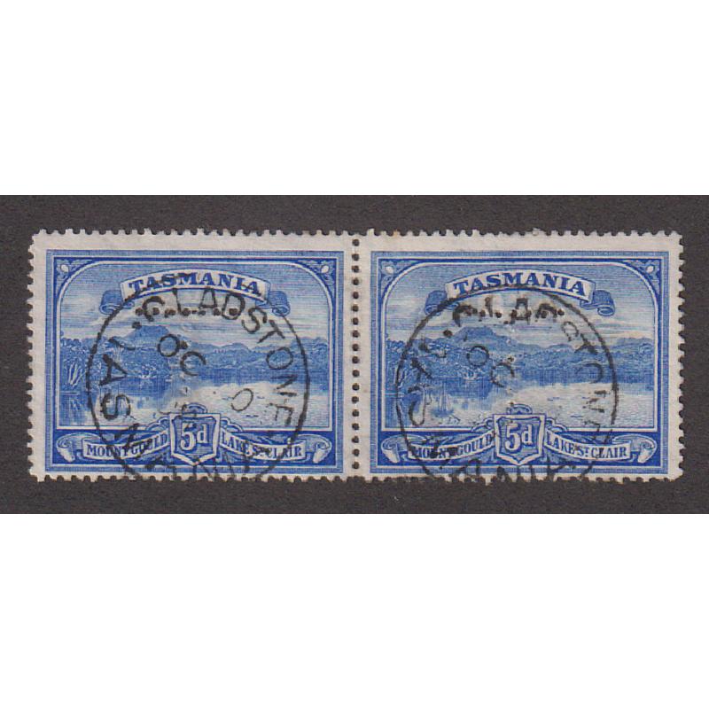 (ST1021) TASMANIA · 1902: pair of 5d bright blue Pictorials each with a strike of the GLADSTONE Type1 cds · though quite common, this postmark is not often seen on this stamp