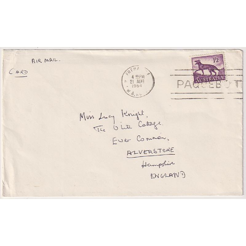 (ST1024) AUSTRALIA · 1964: envelope addressed to G.B. endorsed CARD bearing single 1/2d Tas Tiger franking which paid the 2nd Class Air Mail rate · small part of flap has been removed o/wise condition is excellent · rare usage in my experience