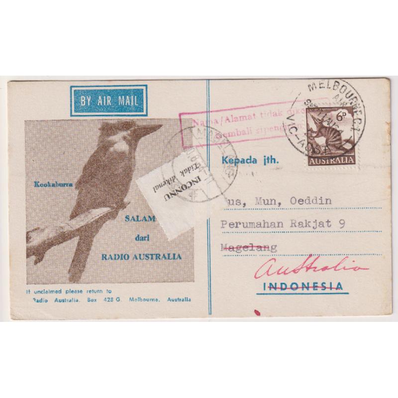 (ST1025) AUSTRALIA · 1964: illustrated Radio Australia postcard to INDONESIA with single 6d Anteater franking paying the correct air mail postcard rate · returned-to-sender · excellent condition