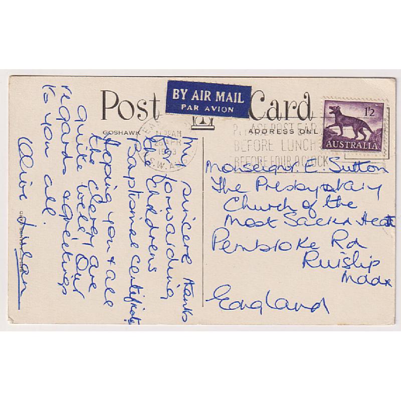 (ST1026) AUSTRALIA · 1963: postcard to G.B. address bearing single 1/2d Tas Tiger franking which paid the contemporary air mail postcard rate · fine condition · a v.scarce usage in my experience