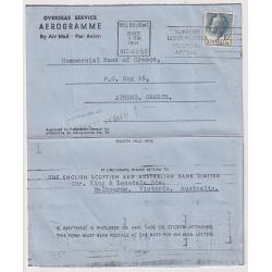 (ST1027) AUSTRALIA · 1964: privately produced Overseas Service AEROGRAMME (PMG approval No.54) used by the E.S. & A. Bank to transfer funds to a Commercial Bank of Greece account ay Athens · nice condition (2 images)